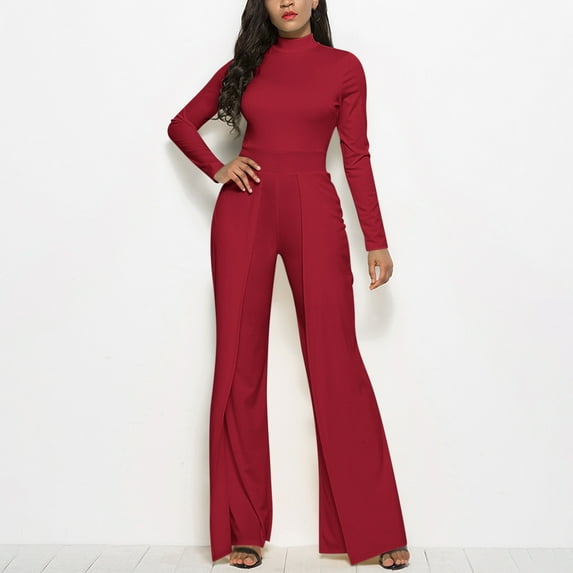 Aloohaidyvio Women's Elegant Jumpsuits Dressy Long Sleeve Straight Long Pants Rompers with Pockets Red 2XL