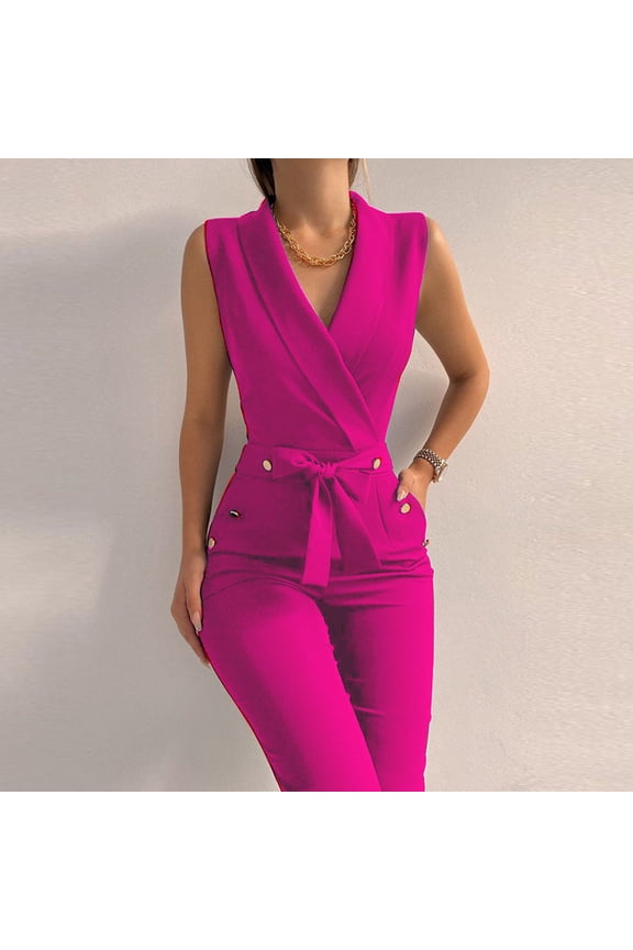 Women's Elegant Jumpsuits V Neck Sleeveless Straight Belted Long Pants Business Suits Set with Pockets Hot Pink S