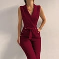 thumbnail image 1 of Aloohaidyvio Women's Elegant Jumpsuits V Neck Sleeveless Straight Belted Long Pants Business Suits Set with Pockets Wine L, 1 of 6