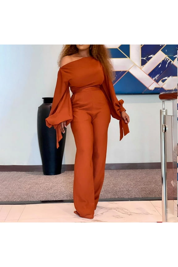 Women's Elegant Long Sleeve Jumpsuit Casual Straight Trousers Business Romper Formal Jumpsuit Brown 2XL