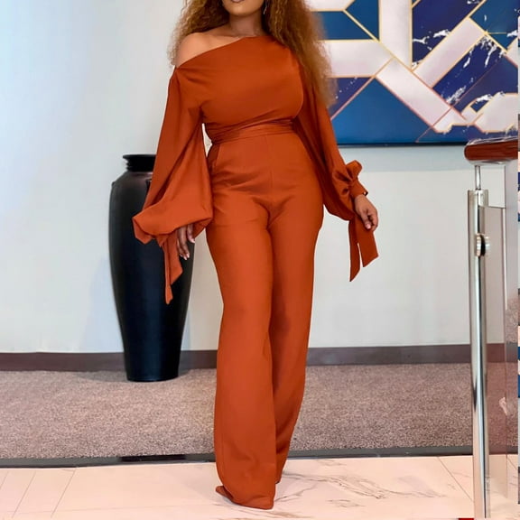 Aloohaidyvio Women's Elegant Long Sleeve Jumpsuit Casual Straight Trousers Business Romper Formal Jumpsuit Brown 3XL