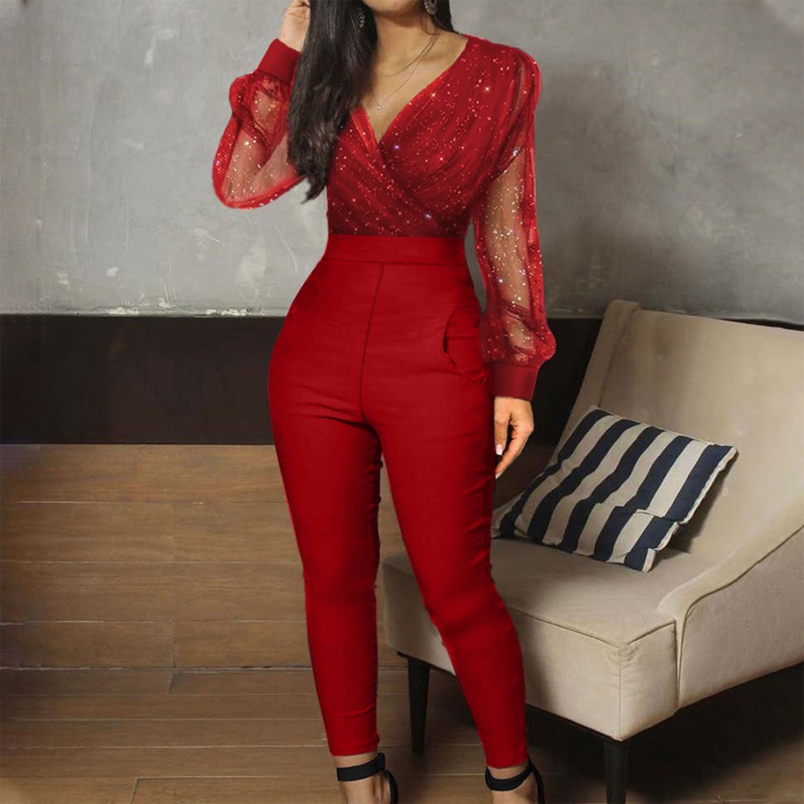 Aloohaidyvio Women s Elegant Long Sleeve Jumpsuit Casual Straight Trousers Business Romper Formal Jumpsuit Red M