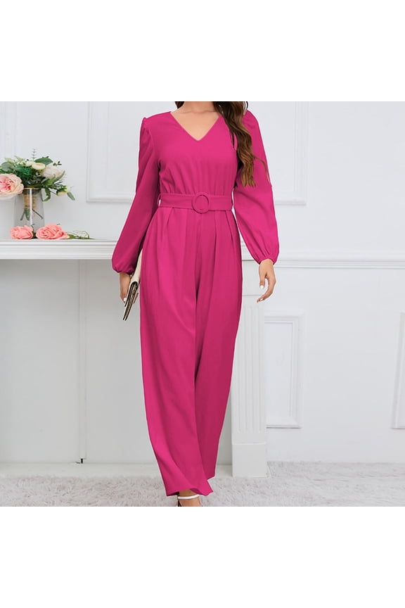 Women's Elegant V Neck Jumpsuit Casual Straight Trousers Business Romper Formal Jumpsuit Hot Pink 2XL