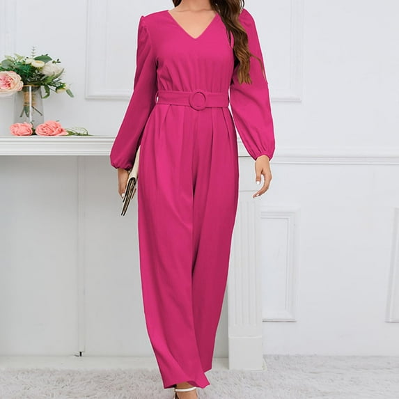 Aloohaidyvio Women's Elegant V Neck Jumpsuit Casual Straight Trousers Business Romper Formal Jumpsuit Hot Pink M