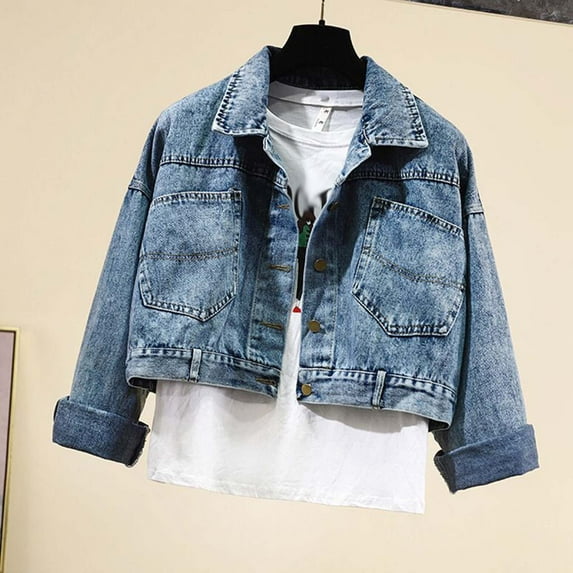 Aloohaidyvio Women's Jean Jacket Juniors Classic & Ripped Distressed Stretch Casual Denim Cropped Tops S