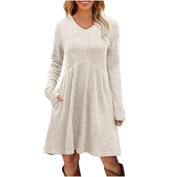 Aloohaidyvio Women's Knit Sweater Dresses Long Sleeve Loose Casual Pleated Fall Dress with Pockets