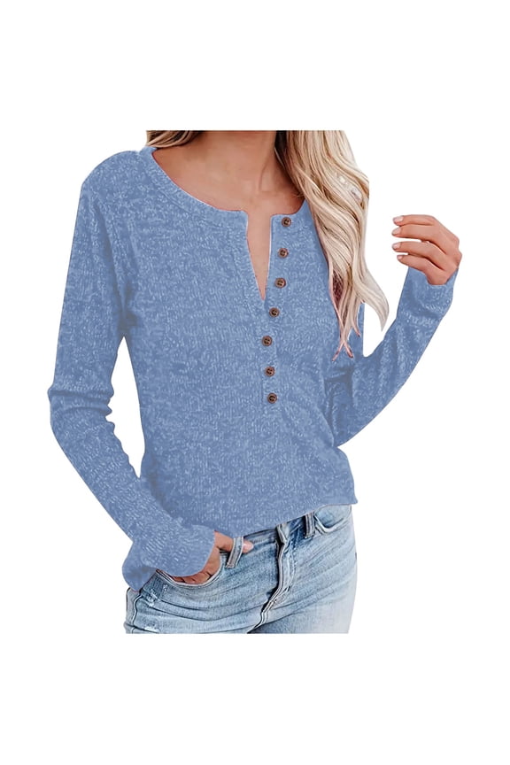 Women's Knitted Long Sleeve Henley Tops Pullover with Buttons Down Casual Loose Fit V-Neck Tunics Blue XXL