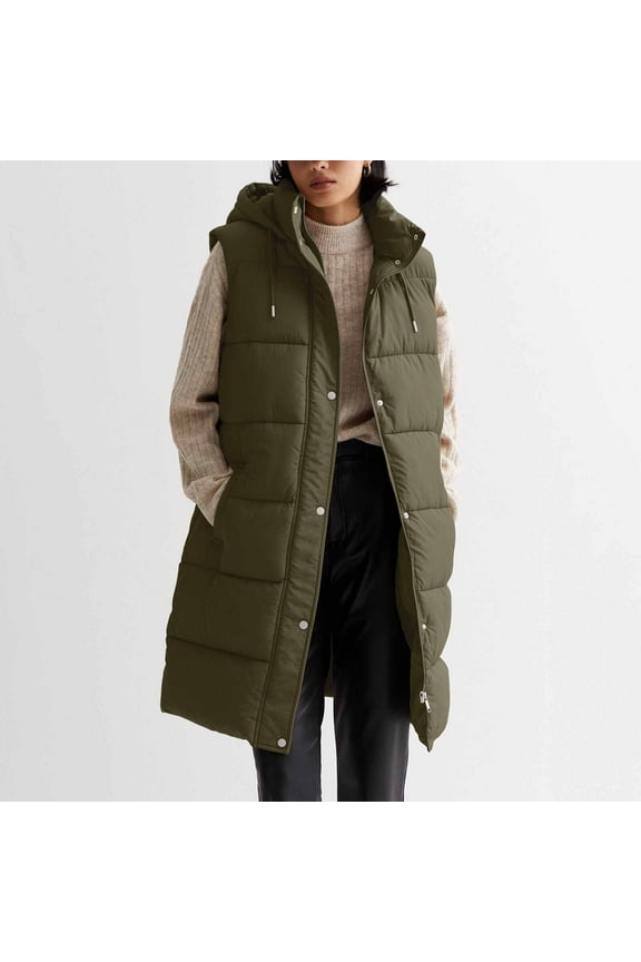Women's Long Quilted Puff Vest Hooded Sleeveless Button Down Cotton Padded Jacket Winter Coat,Sizes 2XL