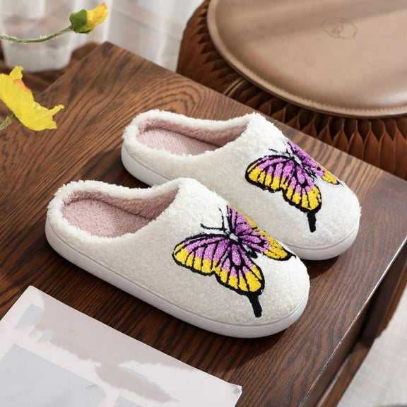 Aloohaidyvio Women's New Butterfly Embroidered Slippers Winter Indoor Slip-on Warm Slippers