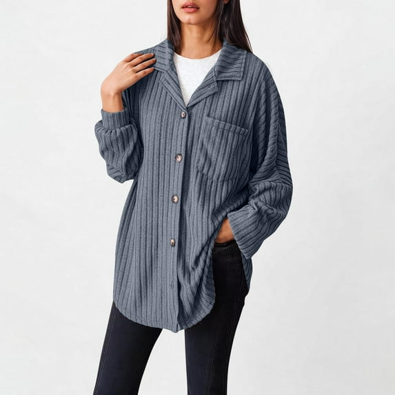 Aloohaidyvio Women's Oversized Button Down Shirts Office Drop Shoulder Blouse Long Sleeve Knit Dress Shirt with Pockets