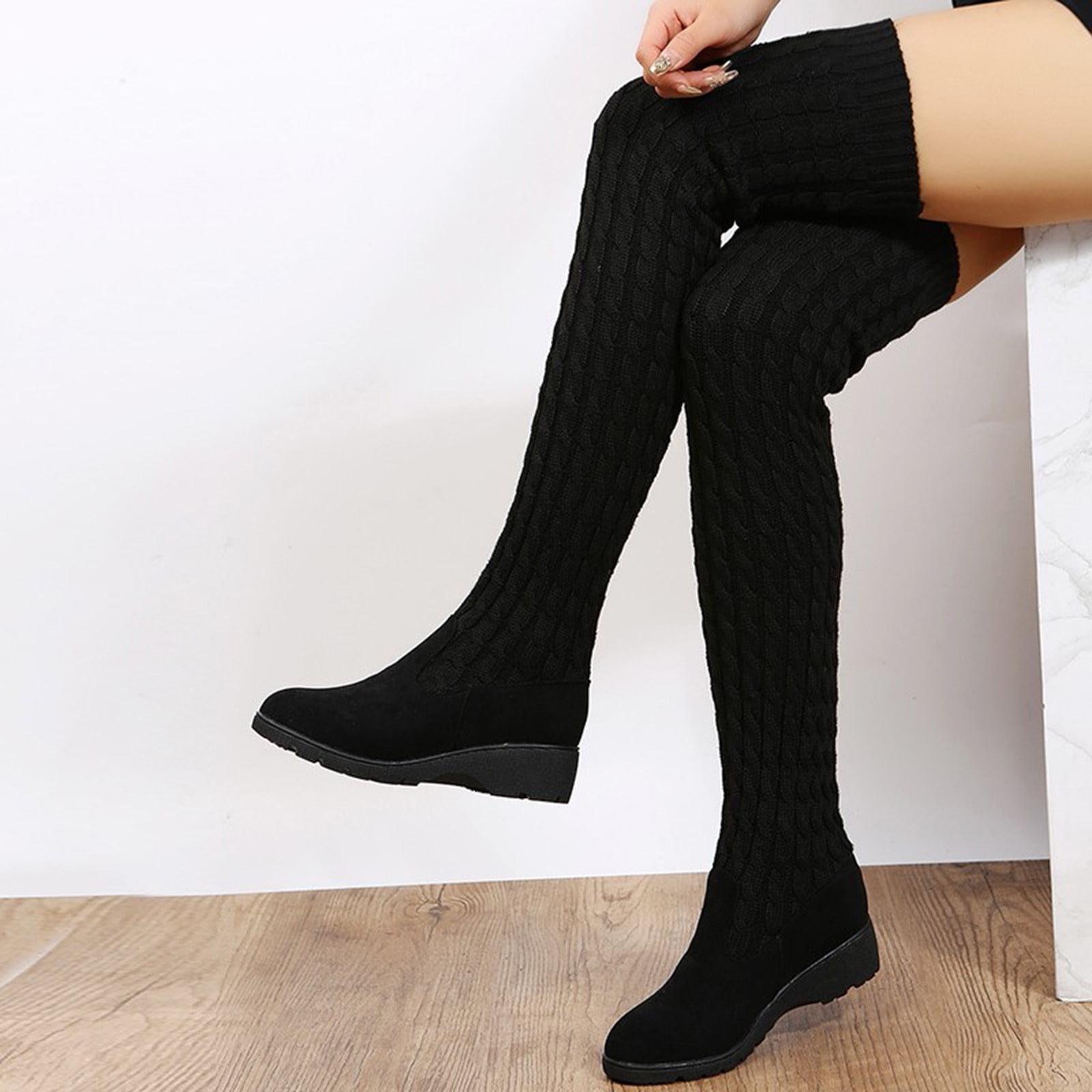 Knee High Boots For Women Block High Heel Pointed Toes Slip Round Top Chunky Heeled Custom Wide Legs