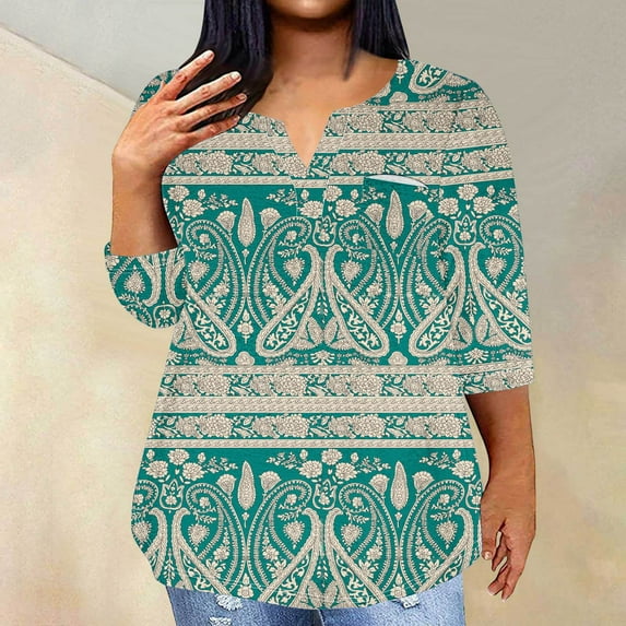 Aloohaidyvio Women's Plus Size 3/4 Sleeve T shirt,Women's Summer Trendy V-Neck Tops 2024 Shirt Print Slim Daily Blouse Loose Tunic 2XL