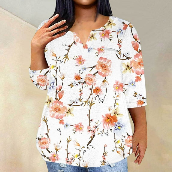 Aloohaidyvio Women's Plus Size 3/4 Sleeve T shirt,Women's Summer Trendy V-Neck Tops 2024 Shirt Print Slim Daily Blouse Loose Tunic XL