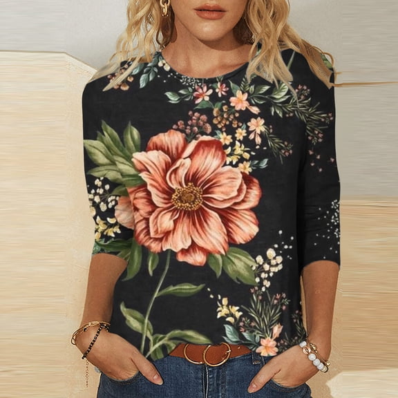 Aloohaidyvio Women's Plus Size 3/4 Sleeve Tunic Tops ,Women's Summer Boho Floral Blouse,2024 Business Loose Daily T Shirt S