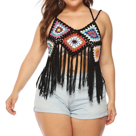 Aloohaidyvio Women's Plus Size Bohemian Beachwear Loose Casual Wear Tops Crochet Dress Tassels Boho Bikini Cover Up