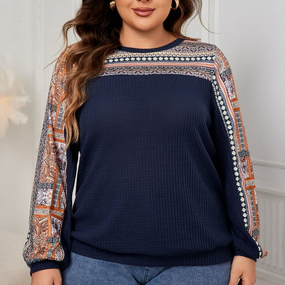 Aloohaidyvio Women's Plus Size Ribbed Knit Sweater Tops Crew Neck Long Sleeves Fall Casual Tunic Blouse Blue