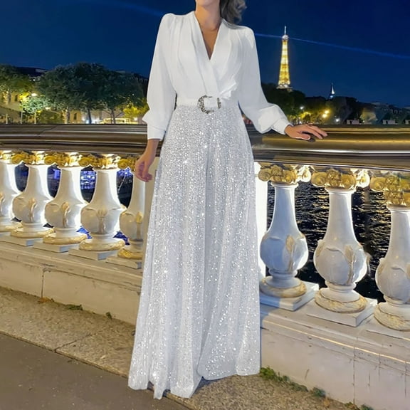 Aloohaidyvio Women's Sexy Jumpsuits Elegant Long Sleeve Straight Long Pants Clubwear Rompers with Pockets White 3XL