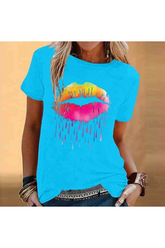 Women's Sports T-Shirts,Womens Fashion Colorful Lips Printed Short Sleeve T-Shirt Round Neck Loose Retro Tops