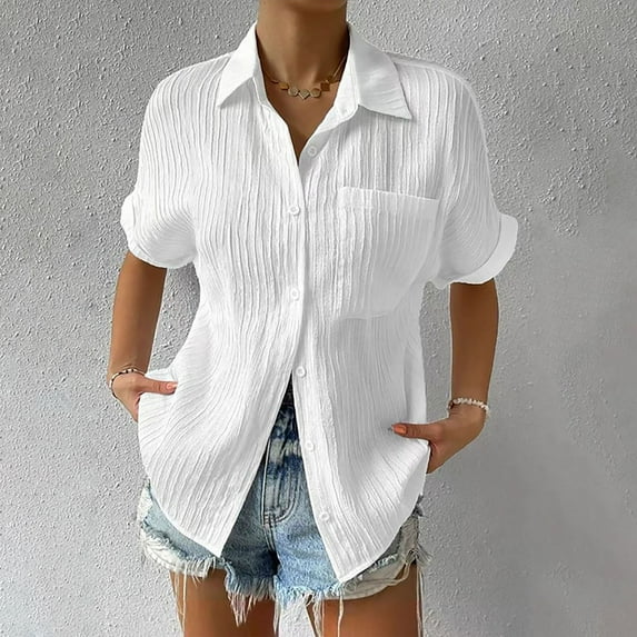 Aloohaidyvio Women's Sports T-Shirts,Womens Solid Color Short Sleeved Loose Fitting Button Solid Color Shirt Tops