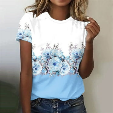 Aloohaidyvio Women's Sports T-Shirts,Womens Summer Fashion Flower Print Round Neck Short Sleeve T-Shirt Tops