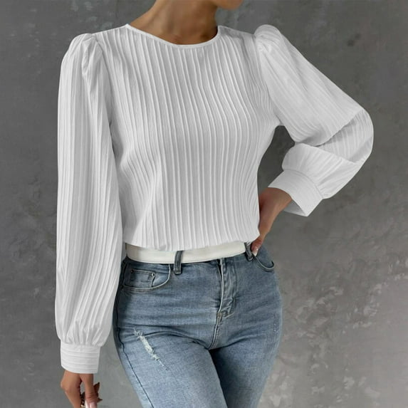 Aloohaidyvio Women's Summer Blouse Soft Puff Long Sleeve Shirt Tops Lightweight Round Neck Pullover Tops White