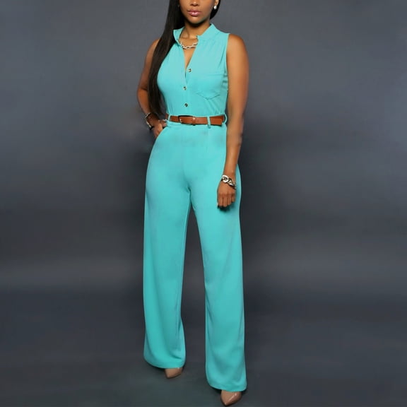 Aloohaidyvio Women's Summer Jumpsuits Dressy Casual Sleeveless Button Up Belted Long Pants Rompers Light Blue 2XL