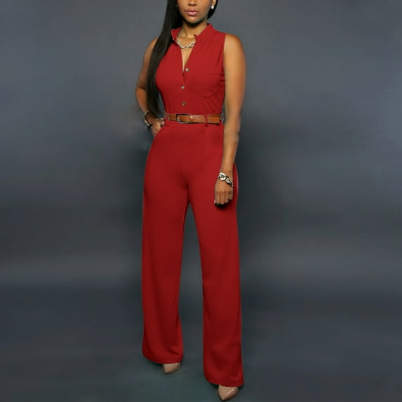 Aloohaidyvio Women's Summer Jumpsuits Dressy Casual Sleeveless Button Up Belted Long Pants Rompers Red XL
