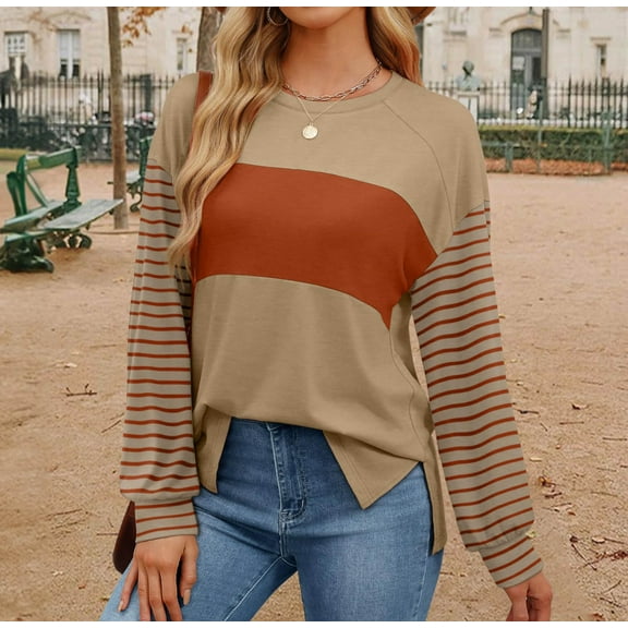 Aloohaidyvio Women's Summer Long Sleeve Tops Oversized 2025 Spring Trendy Crew Neck Casual Color Block Blouses