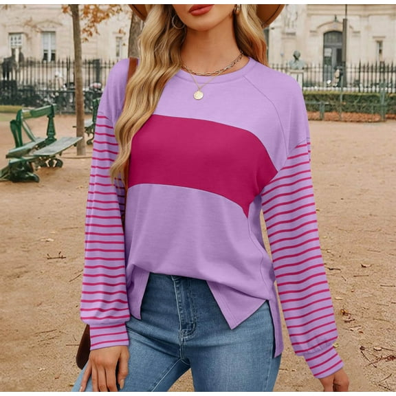 Aloohaidyvio Women's Summer Long Sleeve Tops Oversized 2025 Spring Trendy Crew Neck Casual Color Block Blouses
