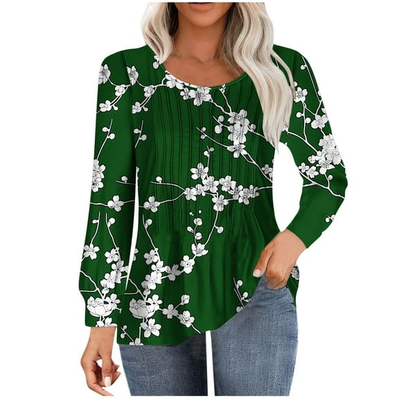 Aloohaidyvio Women's Summer Tunic Tops Pleated Long Sleeve Shirts 2025 Crew Neck Dressy Blouses Spring Casual T-Shirts