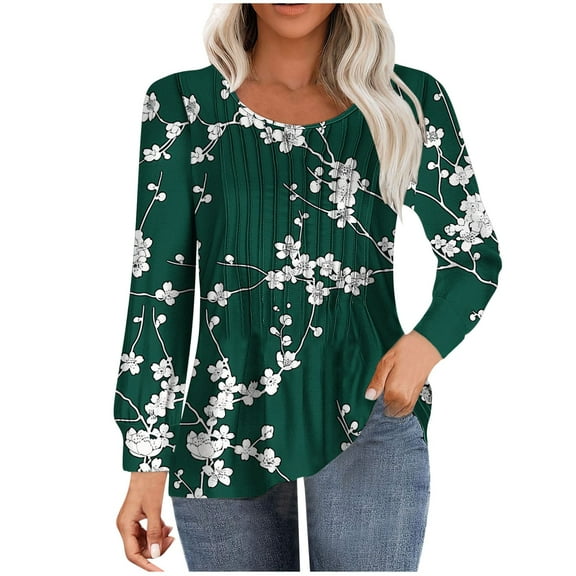 Aloohaidyvio Women's Summer Tunic Tops Pleated Long Sleeve Shirts 2025 Crew Neck Dressy Blouses Spring Casual T-Shirts