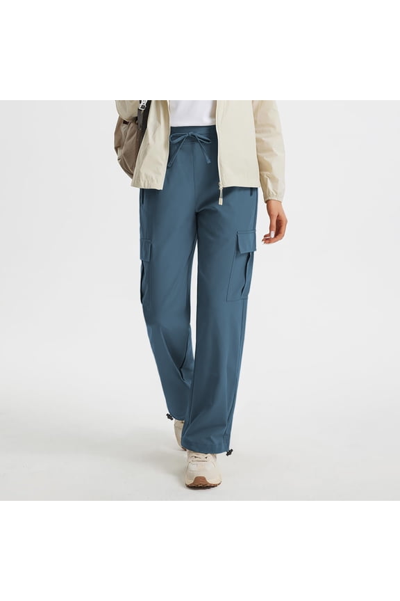 Women's Waterproof Cargo Pants Drawstring High Waist Quick Drying Straight Leg Pants with Multi Pockets