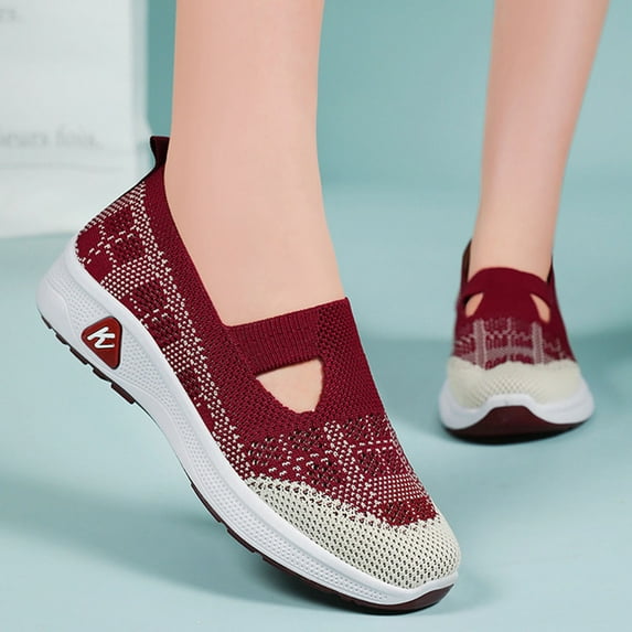 Aloohaidyvio Women's Woven Breathable Soft Sole Shoes - Non-Slip Walking Slip on Diabetic Foam Shoes, Lightweight Comfort Platform Mesh Slip in Sneakers Arch Support