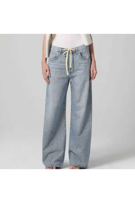Womens Baggy Wide Leg Jeans Boyfriend Drawstring High Waisted Mom Denim Pants with Pockets,Sizes L