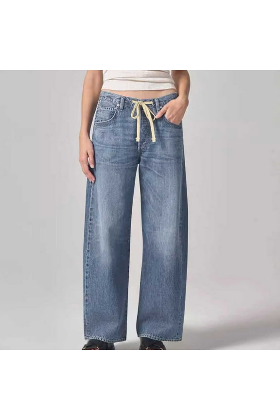 Womens Baggy Wide Leg Jeans Boyfriend Drawstring High Waisted Mom Denim Pants with Pockets,Sizes M