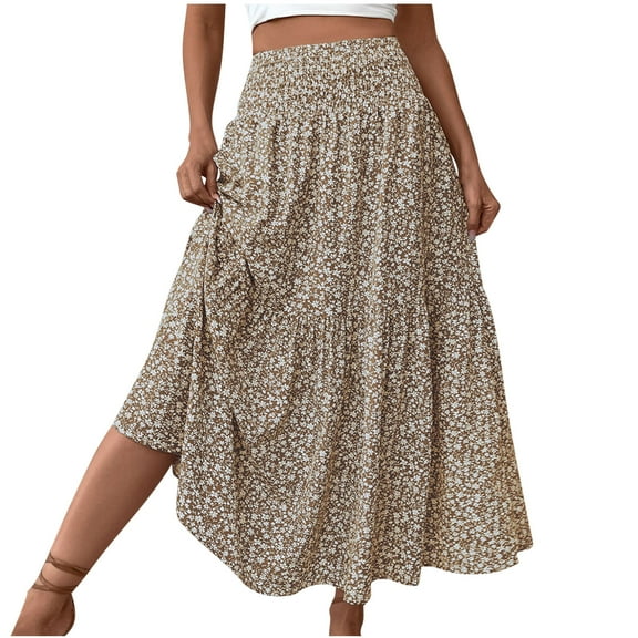 Aloohaidyvio Womens Boho Floral Print Elastic High Waist Pleated A Line Maxi Skirt