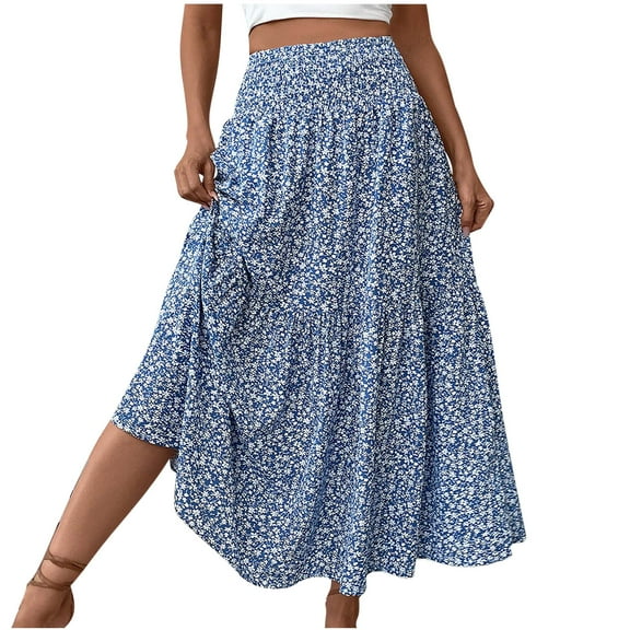Aloohaidyvio Womens Boho Floral Print Elastic High Waist Pleated A Line Maxi Skirt