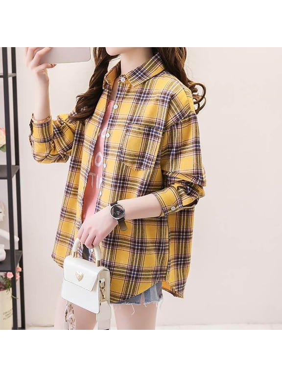 Womens Button Down Flannel Shirts Long Sleeve Plaid Shackets Business Casual Blouse Top