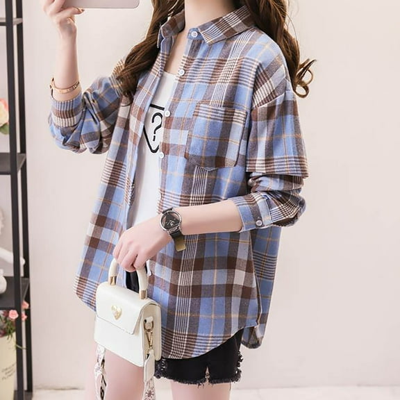 Aloohaidyvio Womens Button Down Flannel Shirts Long Sleeve Plaid Shackets Business Casual Blouse Top