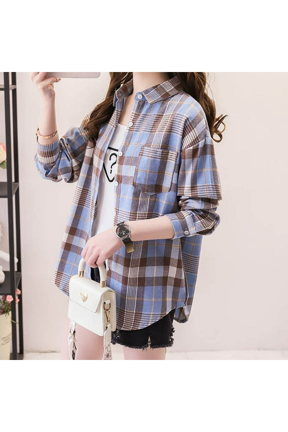 Womens Button Down Flannel Shirts Long Sleeve Plaid Shackets Business Casual Blouse Top