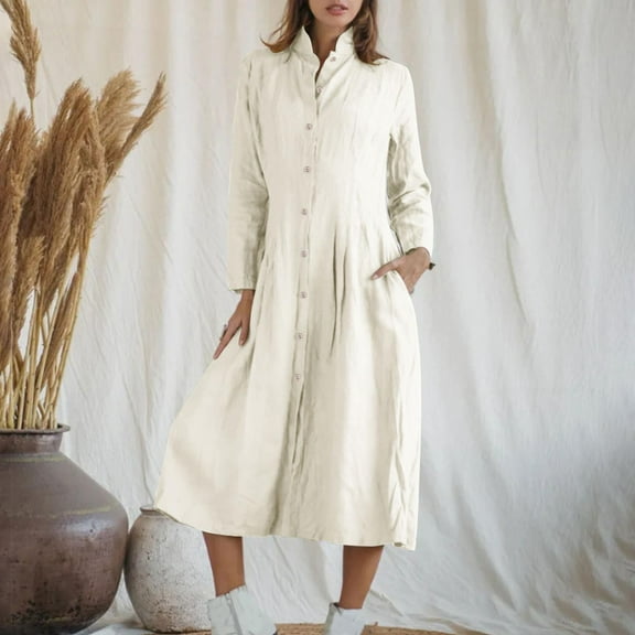 Aloohaidyvio Womens Button Down Shirt Dresses Casual Long Sleeve Collared Shirts Oversized Linen Midi Dresses with Pocket