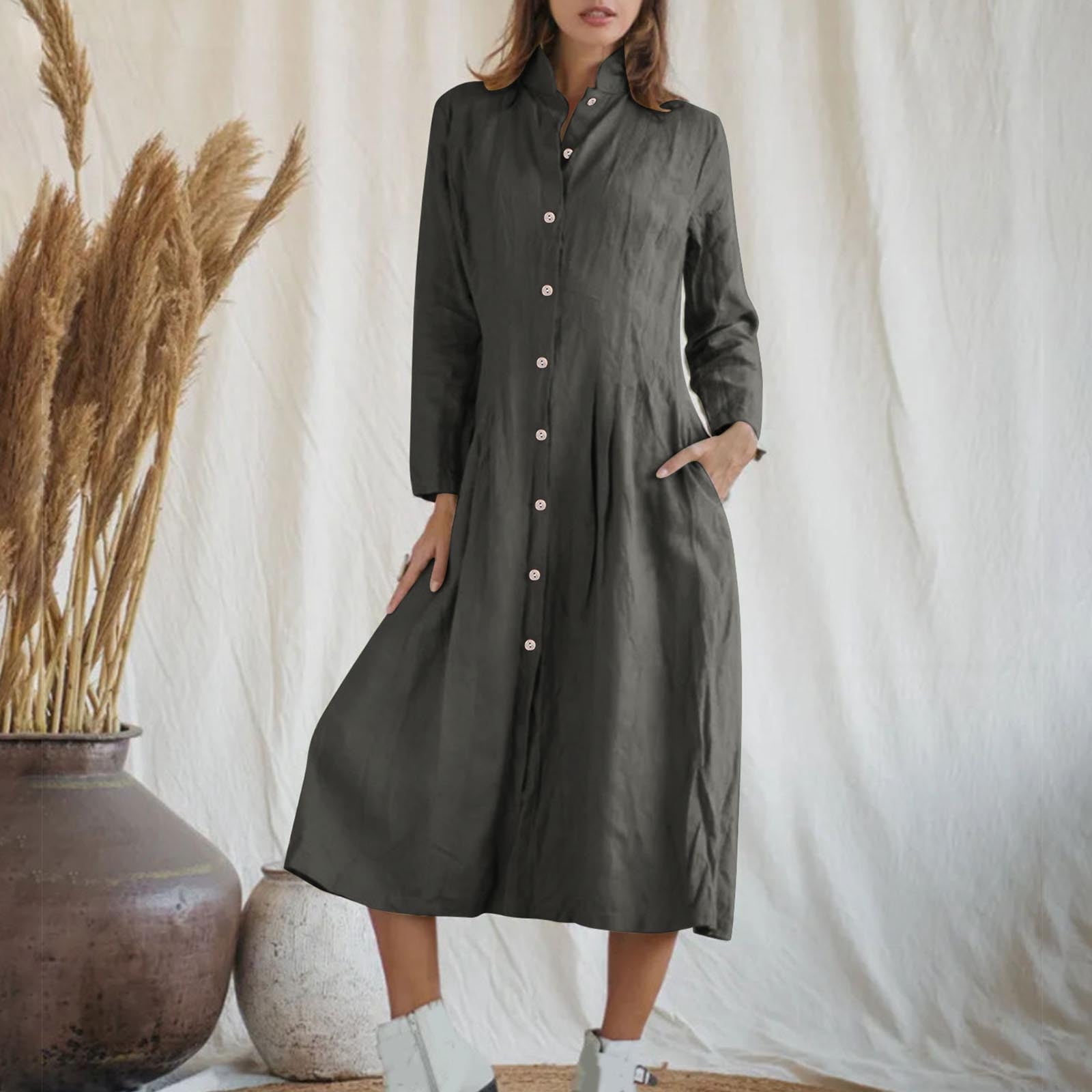 casual long shirt dresses for women Aloohaidyvio Womens Button Down Sleeve Collared Shirts Oversized Linen Midi Dresses with Pocket Outfit Size:XL/17-17.5/32-33 Ariel birthday Dress Shop Long Sleeve Cocktail but on btimte days