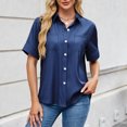 thumbnail image 1 of Aloohaidyvio Womens Button Down Shirt Short Sleeve Dress Shirt V Neck Collared Button Up Summer Tops Textured Work Blouse Dark Blue, 1 of 6