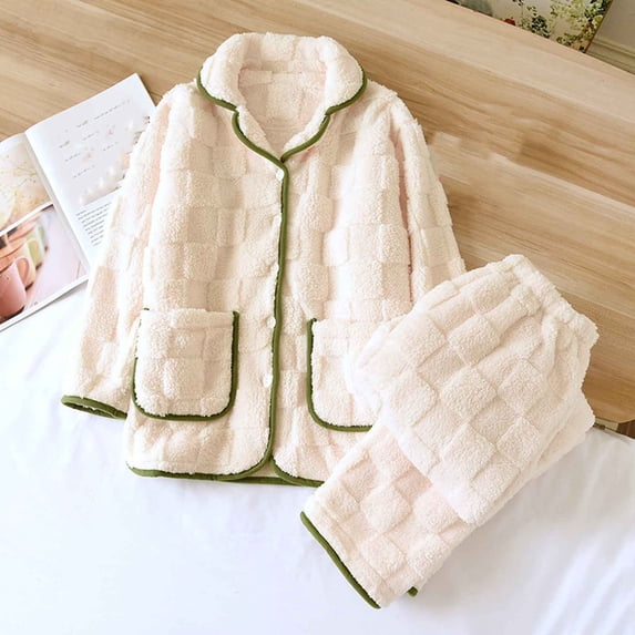 Aloohaidyvio Womens Fleece Cute Pajama Set, Soft Warm Pjs for Women 2 Piece Fluffy Sleepwear Plush Pajamas Button Down Sizes M
