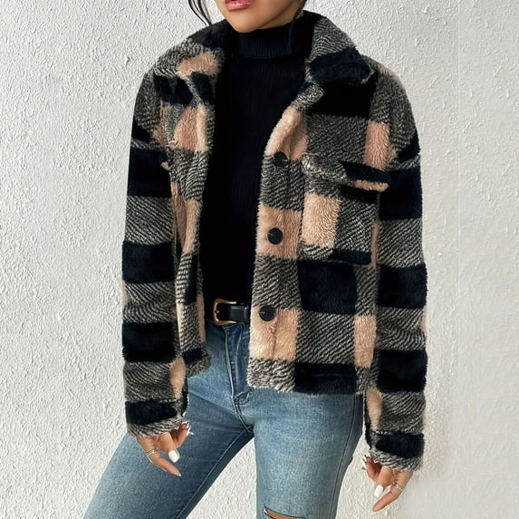 Aloohaidyvio Womens Fleece Plaid Jacket Winter Casual Button Lapel Warm Chunky Fuzzy Outerwear 2024 Coats for Women Clearance