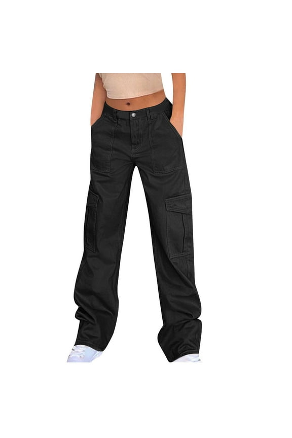 Womens High Waisted Cargo Jeans Casual Straight Leg Denim Pants with 6 Pocket,Sizes L
