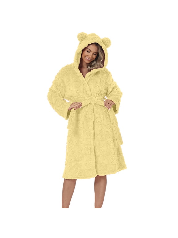 Womens Long Hooded Plush Robe Soft Thick Warm Fleece Bathrobe Full Length House Coat