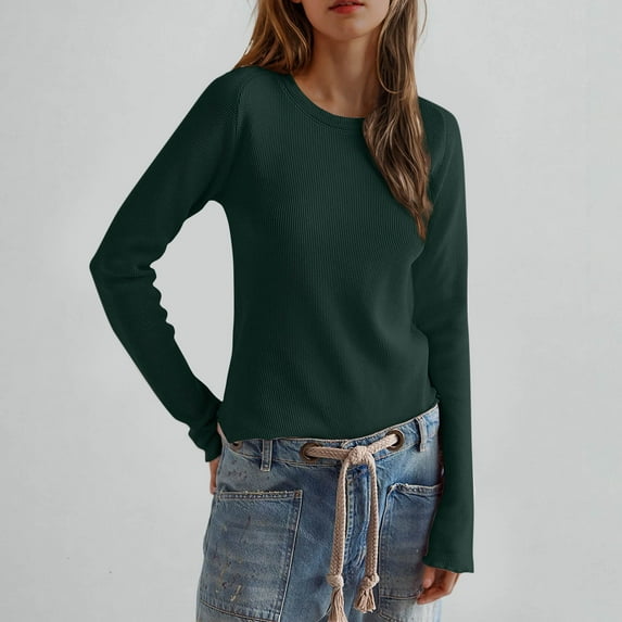 Aloohaidyvio Womens Long Sleeve Basic Tee Crewneck Cotton Knit T-Shirt Super Soft Classic and Fitted Tops Army Green L