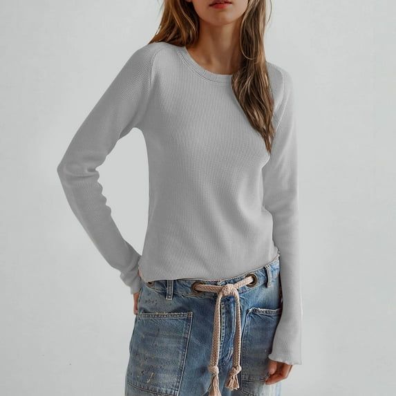 Aloohaidyvio Womens Long Sleeve Basic Tee Crewneck Cotton Knit T-Shirt Super Soft Classic and Fitted Tops Gray M