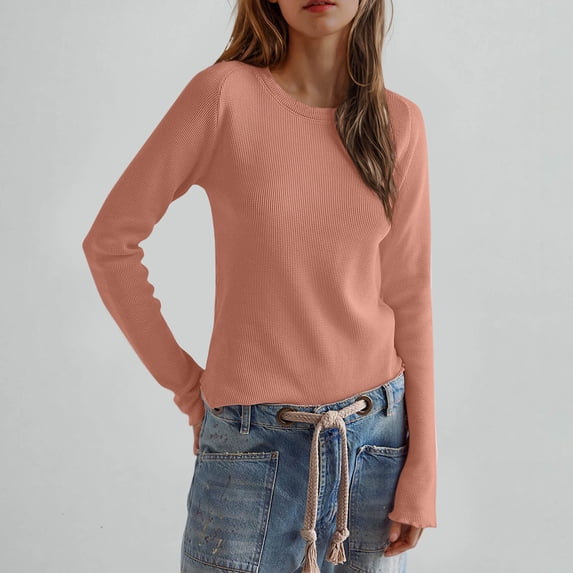 Aloohaidyvio Womens Long Sleeve Basic Tee Crewneck Cotton Knit T-Shirt Super Soft Classic and Fitted Tops Pink XL